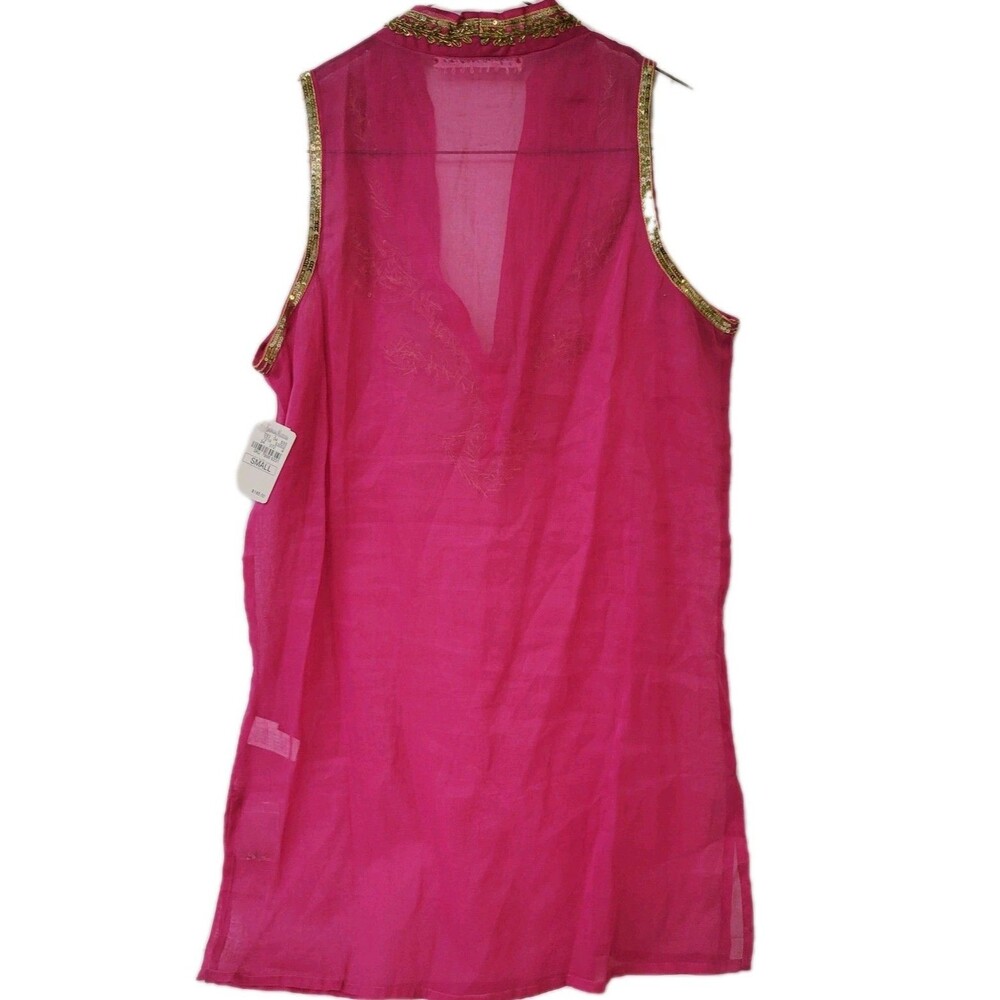 Neiman Marcus Pink Sheer Cotton Beach Tunic Cover Up Gold Embellished NWT - Picture 3 of 14